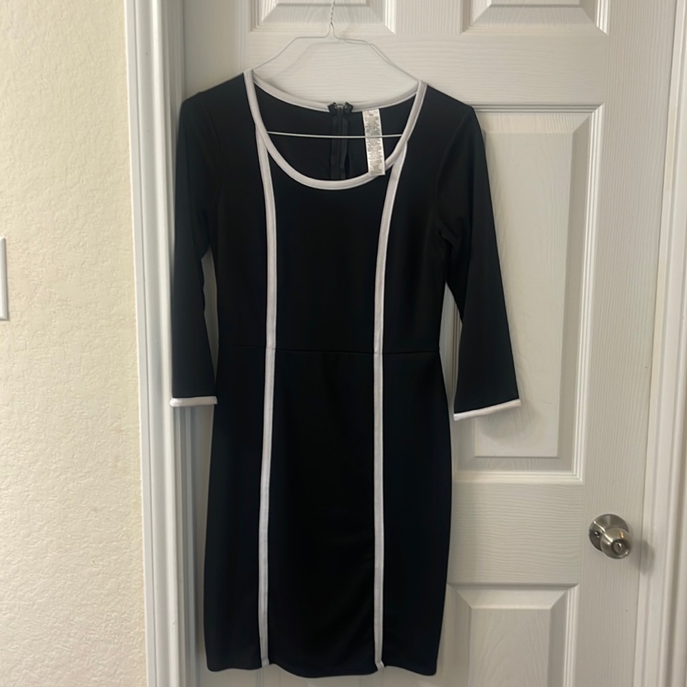 A-line, shape-holding with spandex lining black dress with white stripes